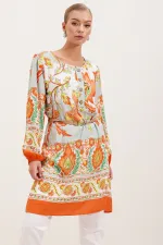 5902 Belted Patterned Dress - Orange