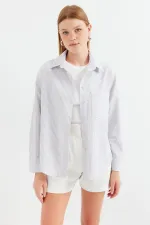 20212 Tek Cepli Çizgili Oversize Gömlek - Bej