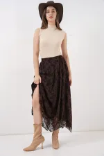 Kadın Desenli Astarlı Etek 8059 - Kahverengi