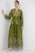 2423 Otantik Desenli Tesettür Elbise - D.Haki