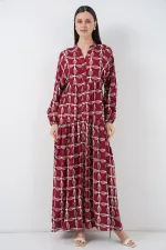 Kadın Desenli Uzun Tesettür Elbise 2585 - F.Bordo