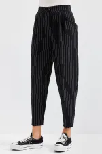 6637 High Waist Striped Fabric Trousers - Black