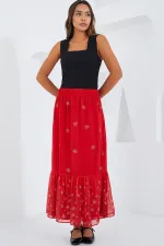 Jupe en mousseline rouge à motifs pour femme 8010