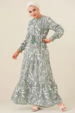 2145 Desenli Tesettür Elbise - Çağla