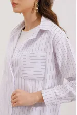 20217 Cep Detaylı Çizgili Oversize Gömlek - Beyaz