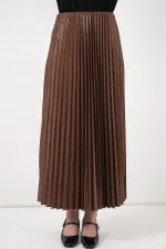 8009 Deri Görünümlü Piliseli Etek - Taba