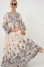 Robe hijab à motifs authentiques 2423 - Noir - Crème