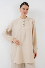 Ensemble deux pièces tunique et pantalon en lin 6678 - Crème