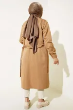 T5853 Double Breasted Hijab Trench Coat - Tan T5853 Double Breasted Hijab Trench Coat - Tan