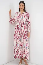 Kadın Desenli Uzun Tesettür Elbise 2585 - M. Kırmızı