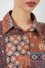 Women's Oversize Patterned Satin Shirt 20365 - Terracotta