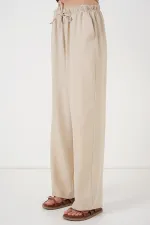 Kadın Geniş Paça Keten Pantolon 6735 - Krem