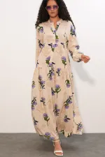 Women's Patterned Long Hijab Dress 2585 - Light Lilac Women's Patterned Long Hijab Dress 2585 - Light Lilac