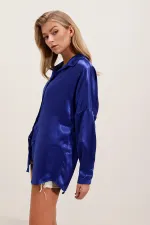 3985 Oversize Saten Gömlek - Saks