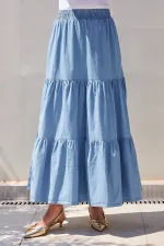 8022 Volanlı Uzun Kot Etek - Mavi