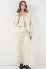 Women's Embroidered Knitwear Cardigan Trousers Two-Piece Set 15963 - Ecru
