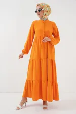 1627 Yaka Bağcıklı Tesettür Elbise - Oranje