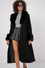 9149 Fur Detail Long Coat - Black