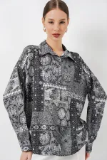 Women's Oversize Patterned Satin Shirt 20365 - Anthracite