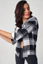3854 Plaid Pattern Double Pocket Shirt - Black