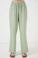Kadın Geniş Paça Keten Pantolon 6735 - E.Yeşil
