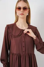 Kadın Bebe Yaka Uzun Tesettür Elbise 2592 - Kahverengi