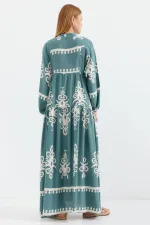 2423 Otantik Desenli Tesettür Elbise - F.Mint