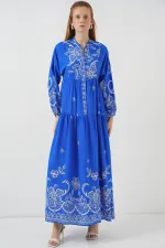 Kadın Desenli Uzun Tesettür Elbise 2585 - Saks