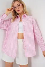 Kadın Çizgili Oversize Gömlek 20332 - Pudra