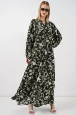 Kadın Desenli Uzun Tesettür Elbise 2585 - Koyu Haki