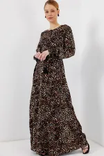 2145 Desenli Tesettür Elbise - C. Kahverengi