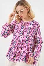 Kadın Desenli Uzun Kol Bluz 970 - Fuşya