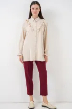 Kadın Fırfırlı Uzun Gömlek Tunik 5986 - Krem