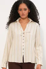 Chemise rayée en lin à lacets pour femme 995 - Écru