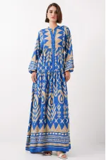 2423 Authentic Patterned Hijab Dress - Light Blue