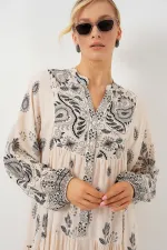 Robe hijab à motifs authentiques 2423 - Noir - Crème