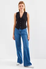 6796 Kısa Dokuma Yelek - Siyah