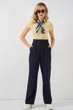 6612 High Waist Fabric Trousers - Navy Blue 6612 High Waist Fabric Trousers - Navy Blue