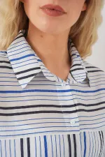 Kadın Çizgili Kısa Kol Gömlek 20344 - Lacivert