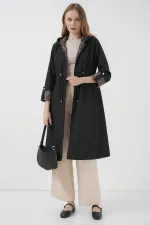 9091 Waist Drawstring Hooded Trench Coat - Plain Black