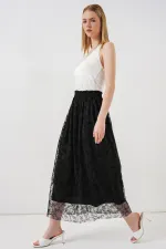 Kadın Flok Baskılı Astarlı Etek 8076 - Siyah