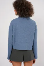 55449 Zippered Collar Knitted Sweatshirt - Indigo