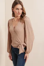 Chemisier cache-cœur en maille beige (0441)