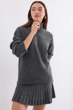 15891 Sweater Skirt Knitwear Two Piece Set - Anthracite