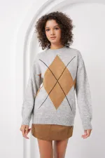15895 Baklava Pattern Oversize Knit Sweater - Grey