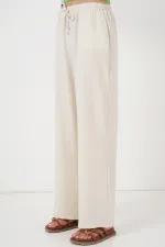 Kadın Geniş Paça Keten Pantolon 6735 - Ekru