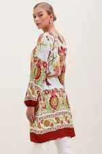 5902 Kemerli Desenli Elbise - Bordo