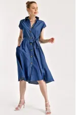 1677 Buttoned Belted Denim Dress - Navy Blue