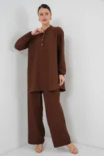 6678 Linen Tunic Trousers Two Piece Suit - Brown