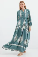 2423 Otantik Desenli Tesettür Elbise - F.Mint